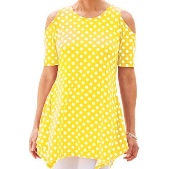 Anthony Richards Tops - Anthony Richards Women’s Yellow with White Polka Dot Cold Shoulder Tunic Large